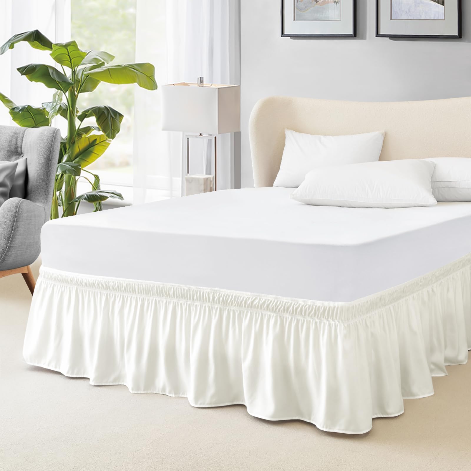 FreshCulture Elastic Wrap Around Bed Skirt - Easy Fit with 18-Inch Tailored Drop, Hotel Quality Dust Ruffle for Full Size Bed (Ivory)