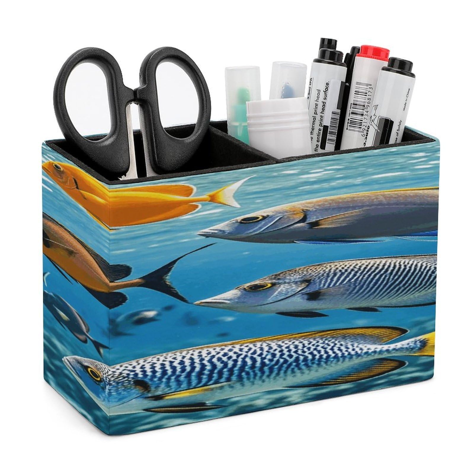 LZQPOEAS Fish in The Sea Leather Pen Holder Square Pencil Holder Multi-Functional Desk Organizer Modern Pen Cup Pencil Cup Minimalist Desktop Stationery Organizer for Desk Office Home