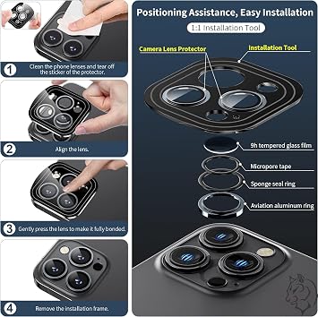 URUCHI iPhone 14 Pro / 14 Pro Max / 15 Pro / 15 Pro Max SAFİR PREMIUM Kamera Lens Koruyucu, [Orijinal Tasarım] Çizilmez 9H Temperli Cam Kamera Ekran Koruyucu, Metal Lens, Siyah