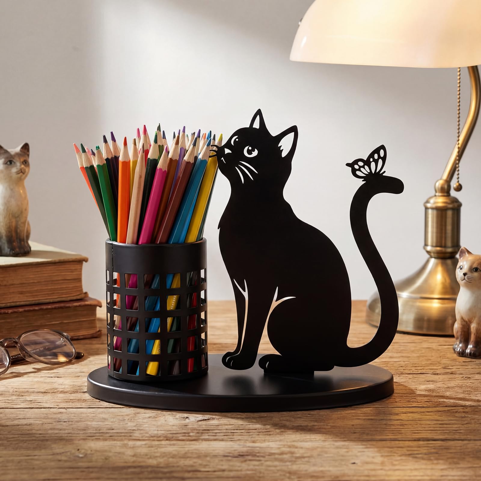 Tandefio Cat Pen Holder for Desk Cute Black Pencil Holder