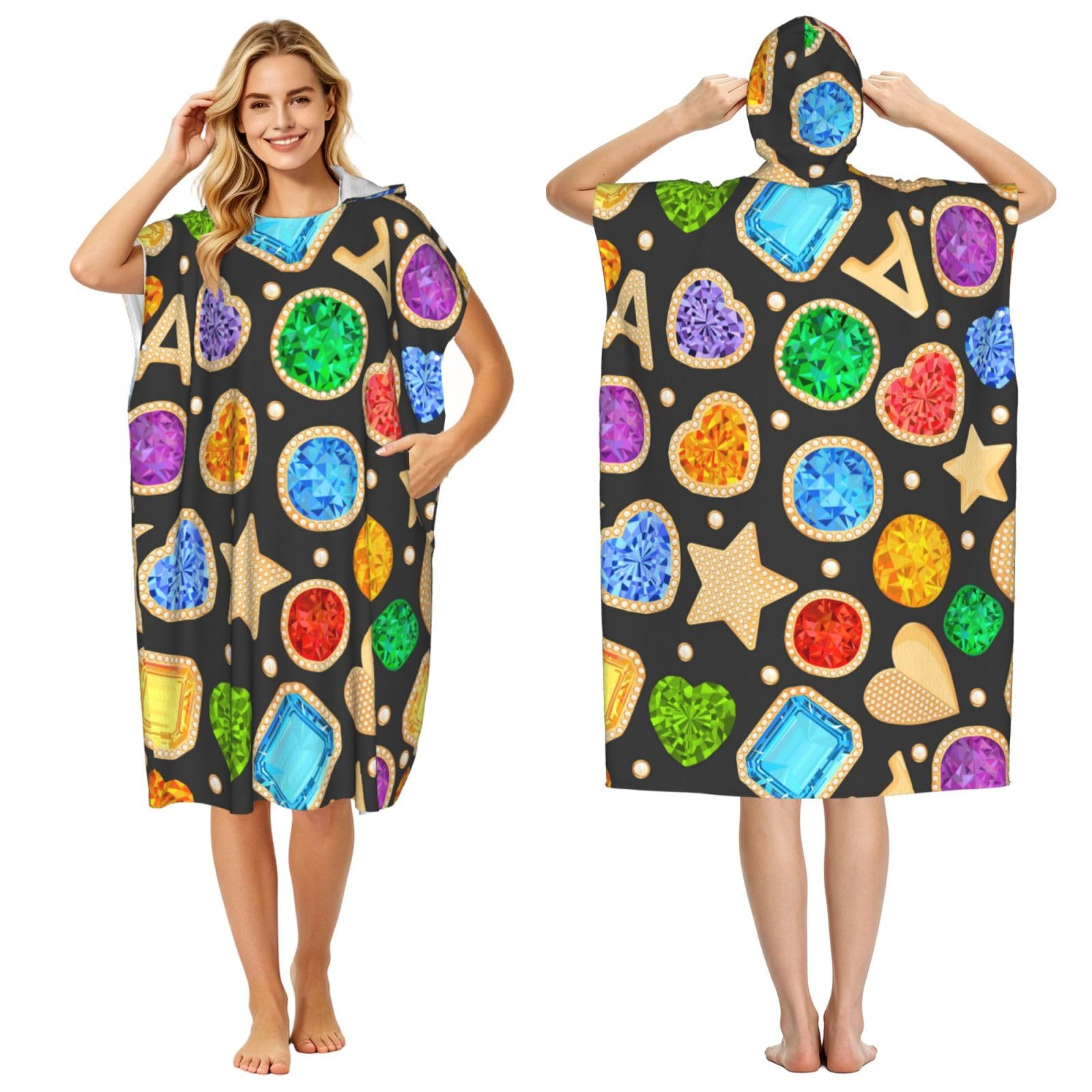 Poadnly Jewelry Gemstones Gold Fashion, Adult Hooded Beach Towel 90 x 110 cm,Changing Bath Robe, Surf Poncho Towel For Women Men