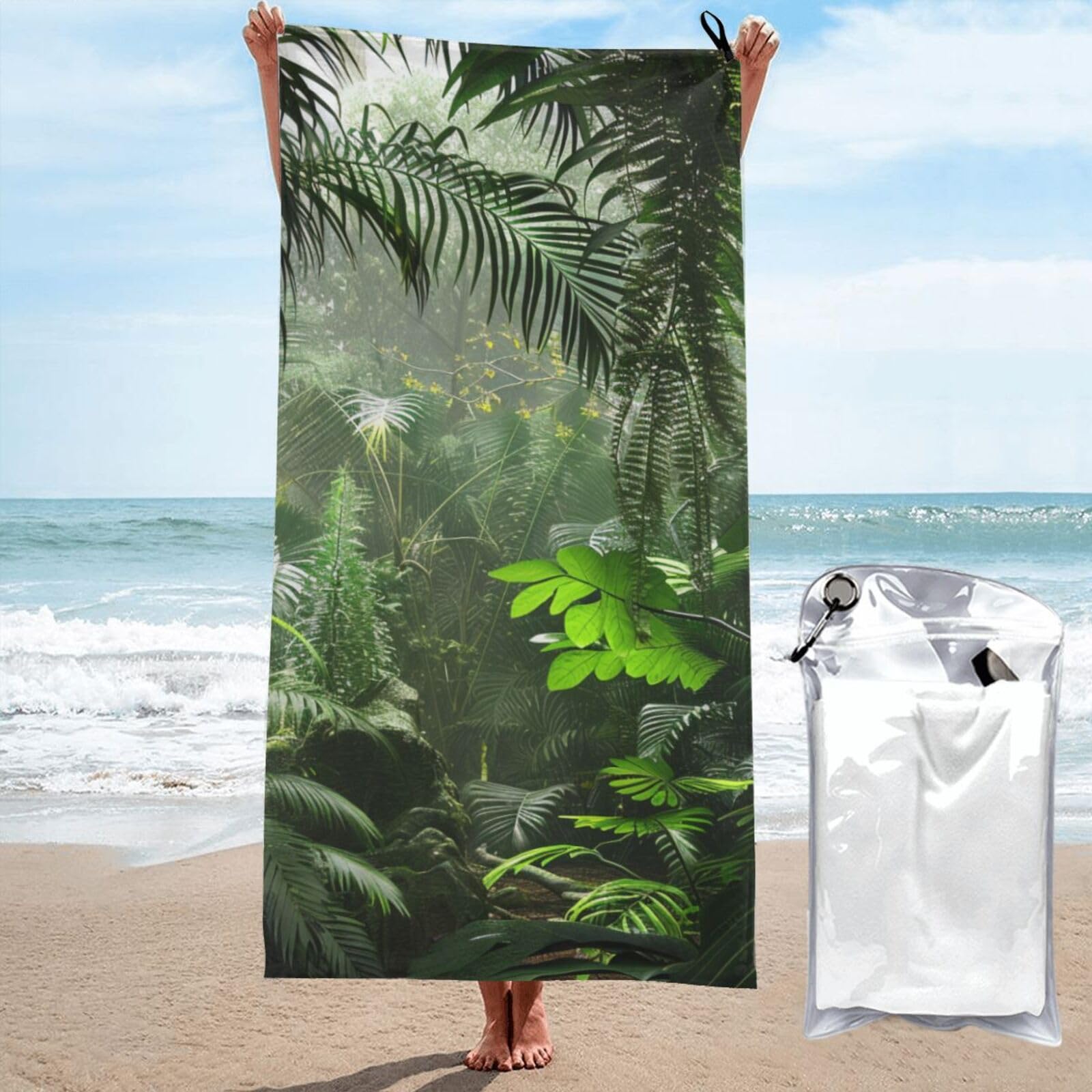 kkvhhyuo Microfiber Beach Towel, Tropical Rainforest Printed Lightweight Quick Dry Travel Bath Sheet with Compact Carry Bag for Swimming Yoga Camping Gym,31.5"x63"