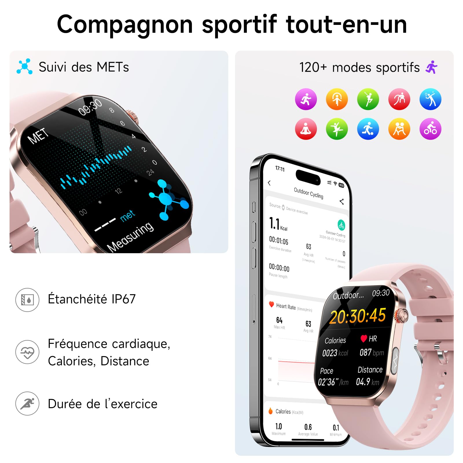 2026 Nouv’Smartwatch ave ECG/Pressιon artérιelle, IP67 pour Android/iOS | ECG/Pressιon artérιelle/Mini-bilan de santé/IMC, 2.2" 3D Écran incurvé, 24H Fréquence cardiaque/HRV/SpO2/Sommeil Monitor