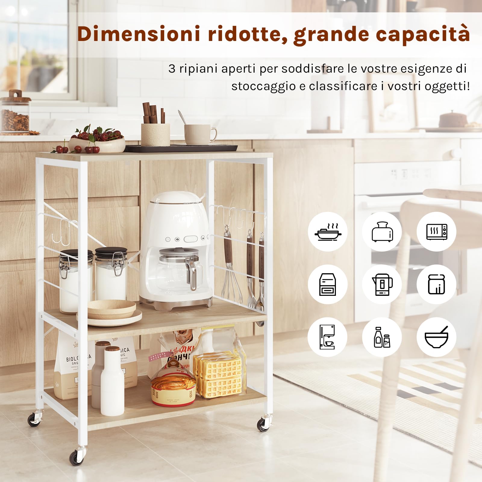 WOLTU Scaffale da Cucina con Ruote, Carrello Cucina a 3 Livelli, Scaffale per Microonde con 4 Ganci, Carrello da Bar con Struttura in Metallo, Bianco + Effetto Legno, 60x40x82,5 cm