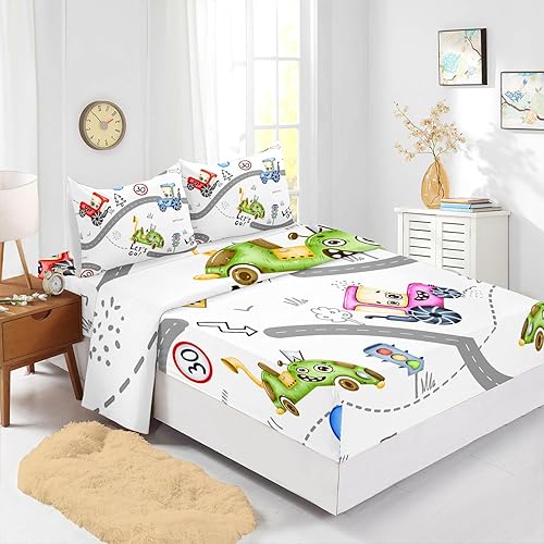 Miniatura 3 de AILONEN Sábana bajera ajustable con diseño de caricaturas para niños y adolescentes, tamaño individual, con estampado de tractor de dibujos animados