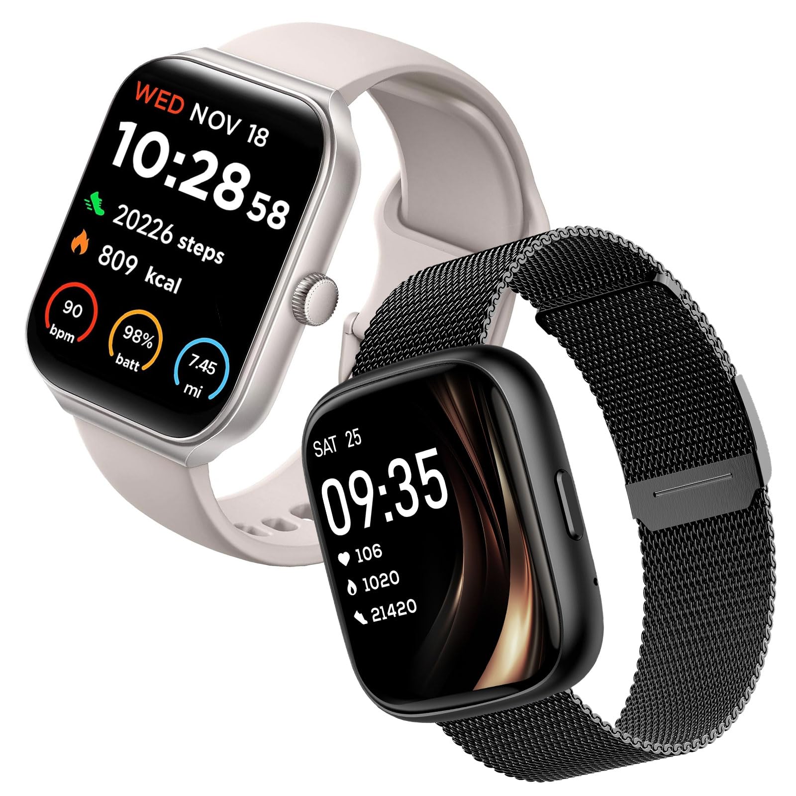 TOOBUR Smart Watch for Women Men, Couple, Friends, 1.95" (Silicone Strap) and 1.83"（Metal Strap） Bundle