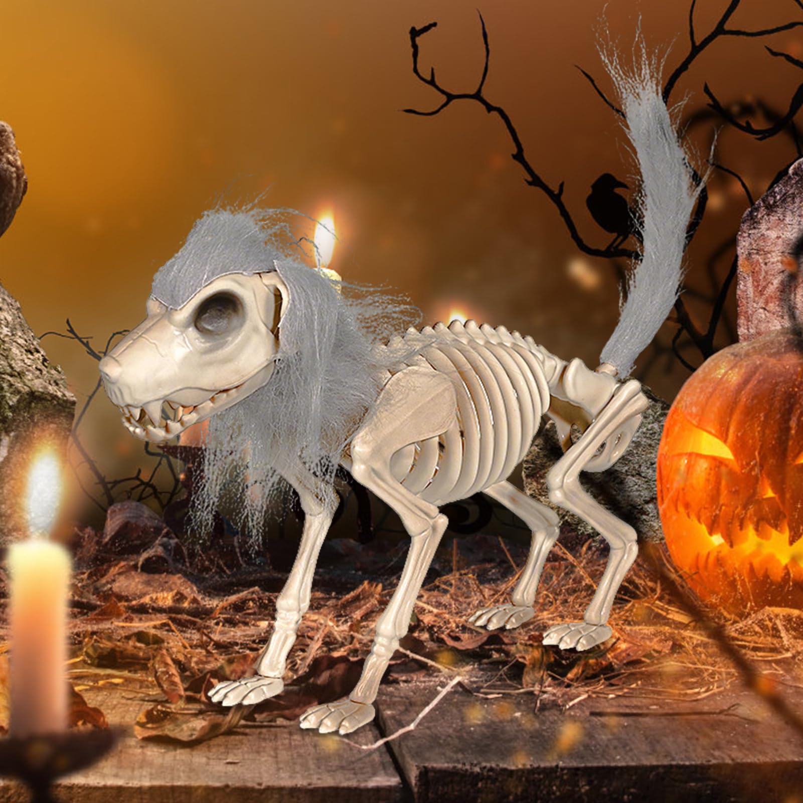 Decoración de perro esqueleto de Halloween – Calavera flexible con hombre, figura de animal, mesa espeluznante y accesorios de Halloween para el jardín