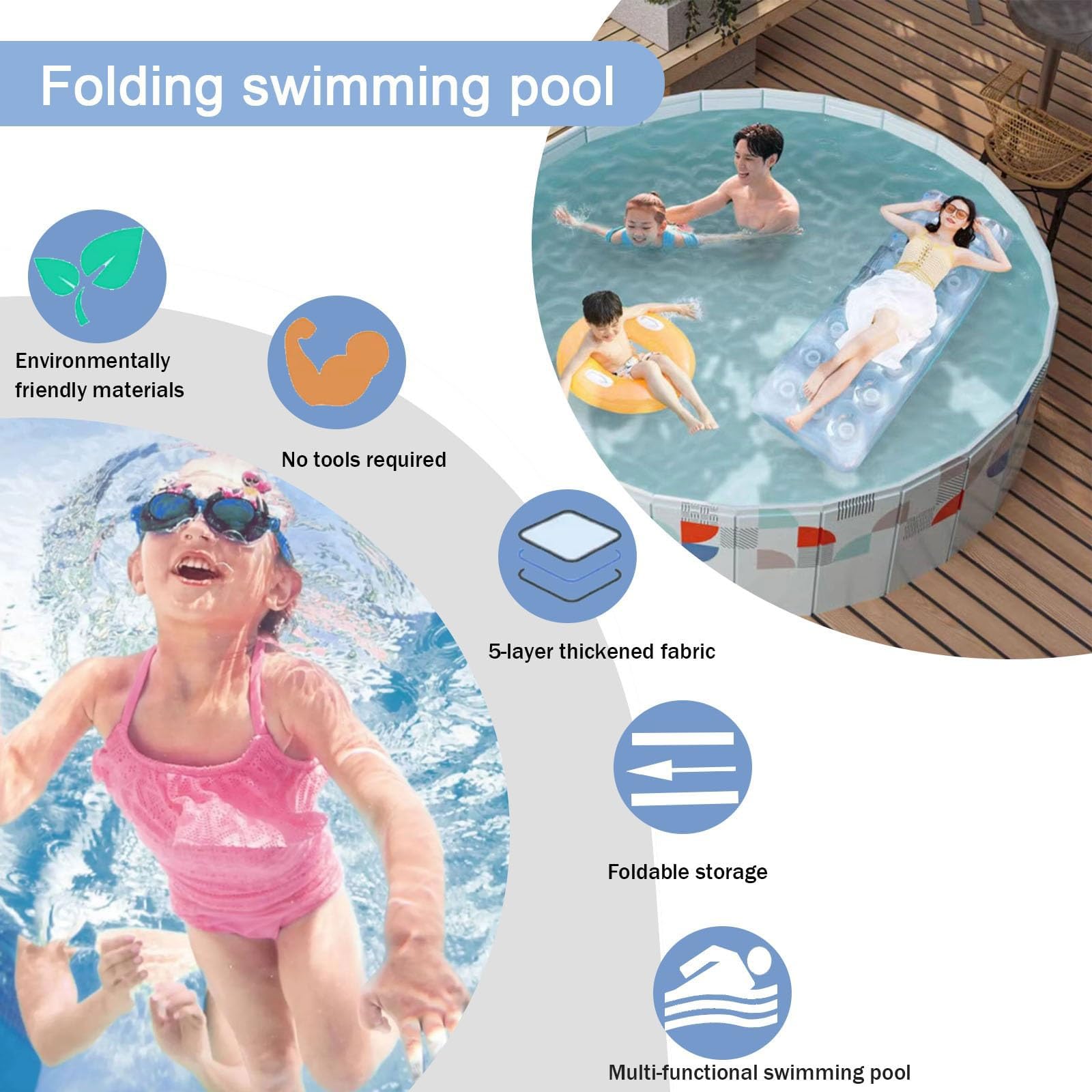 Piscina plegable no inflable 160*45cm Grandes Piscina redonda Piscina rígida plegable sin bomba con Sistema de Drenaje 5 Capas Gruesas Resistente A Desgarros para Jardín,Camping,Playa y Verano