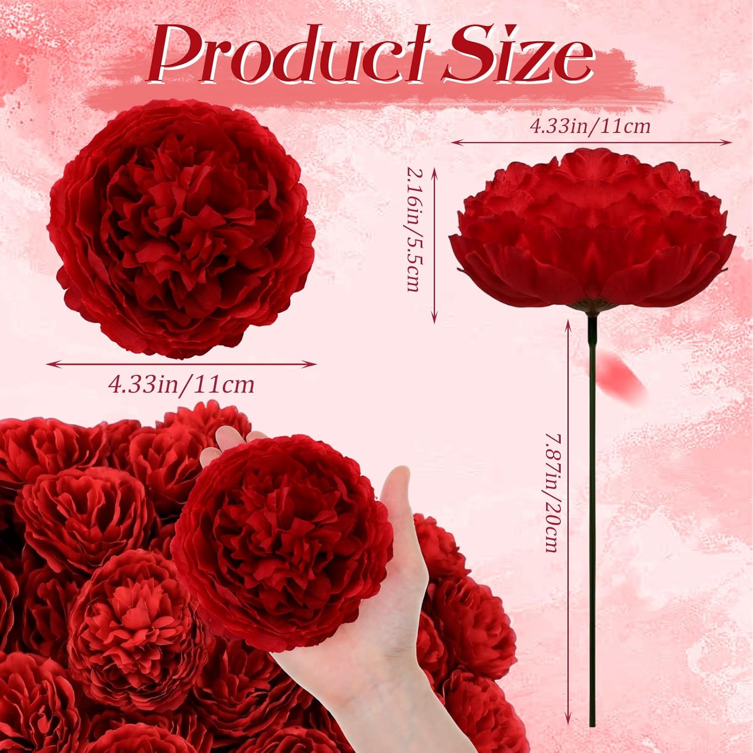 50 Pcs Artificial Peony Rose Flowers Heads 4.7 Inches Silk Fake Peony Head Flowers for Wedding Bridal Bouquet Home Floral DIY Centerpieces Tables Party Decorations (Red)