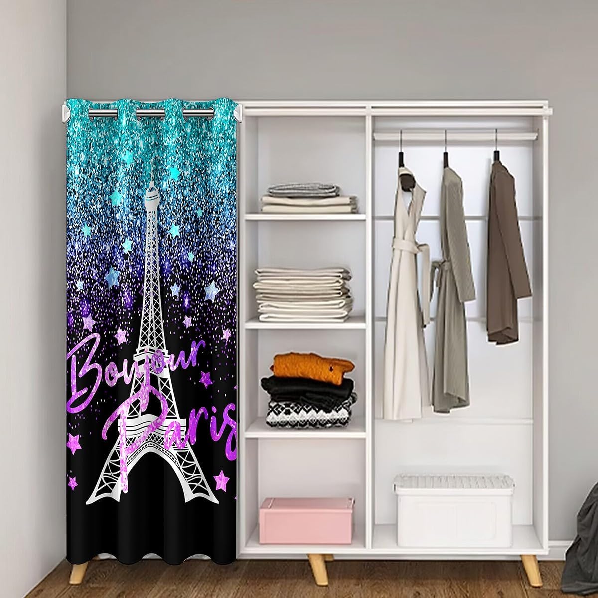 Glitter Print(No Glitter) Eiffel Tower Darkening Blackout Curtain Purple Pastel Door Curtain Doorway Privacy Paris Closet Door Cover Curtain Rainbow Door Curtain Doorway Privacy 34x80 Inch 1 Panel