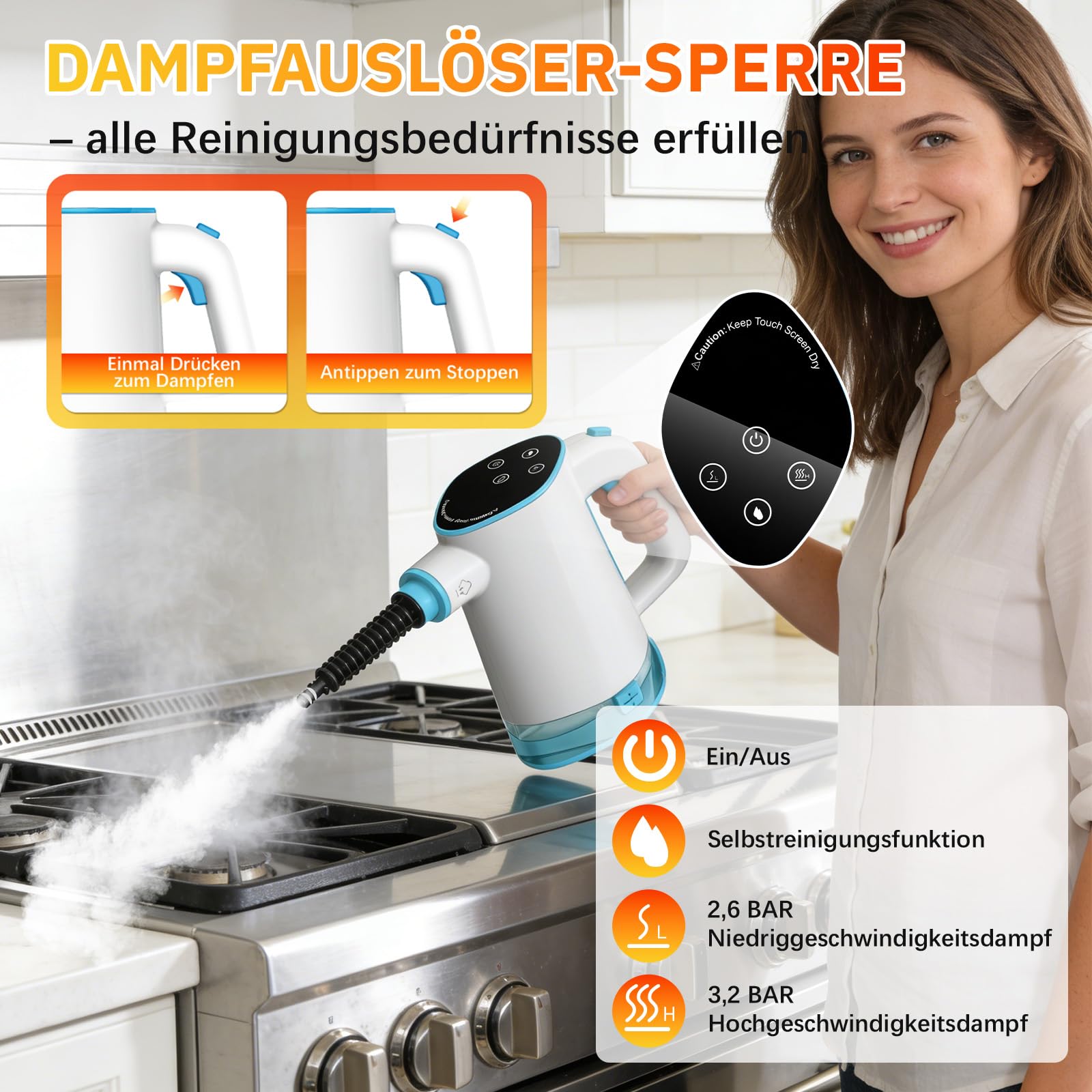 Dampfreiniger Handgerät, 1200W Handdampfreiniger mit 12 Zubehörteilen Chemiefreier Dampfreiniger für den Hausgebrauch auf Böden, Teppichen, Fenstern, Möbeln und in Küchen