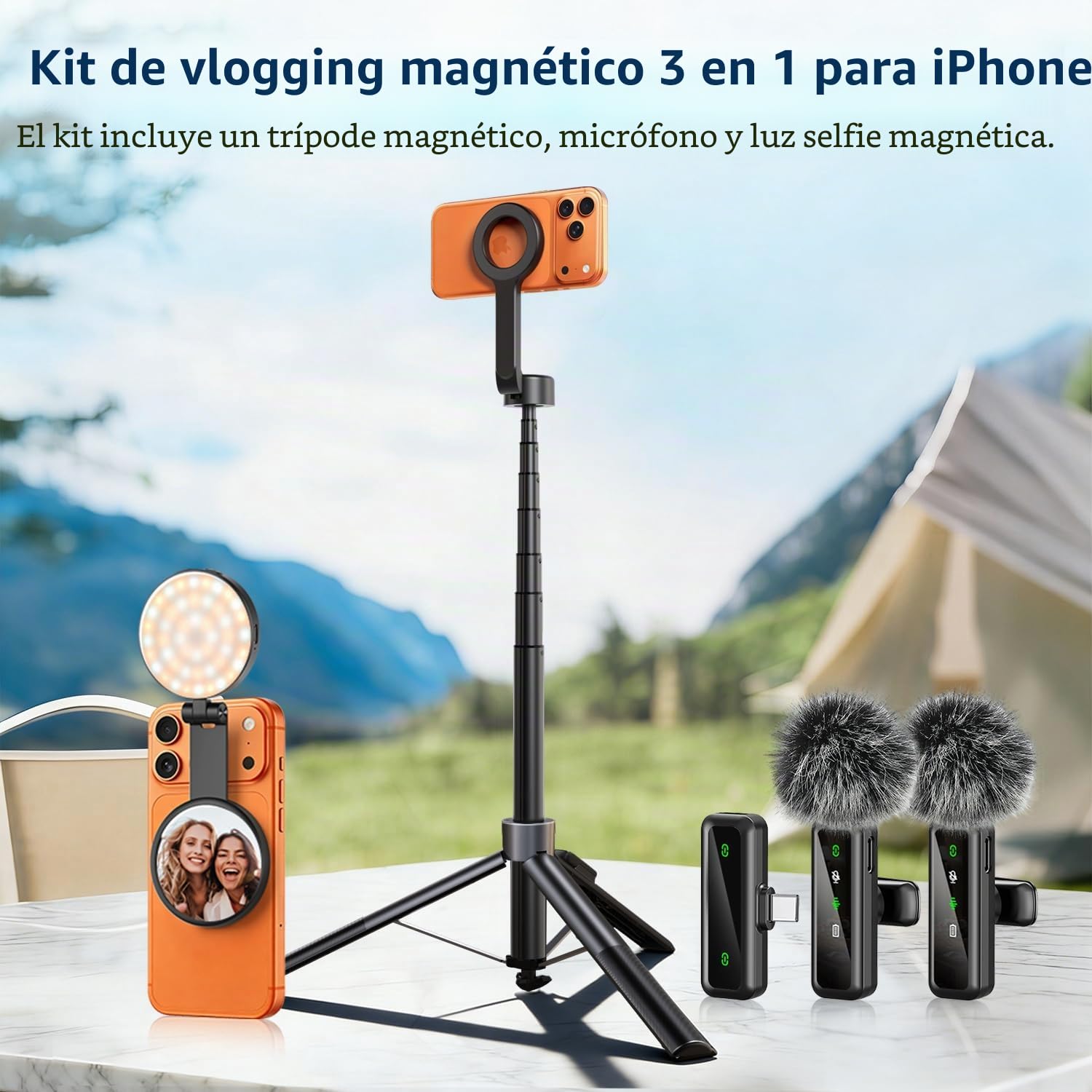yAyusi Kit de vlogging magnético 3 en 1 para iPhone/Android, Kit de Inicio para Youtube, trípode magnético, micrófono y Control Remoto, Palo de Selfie de 71" con luz para Youtube