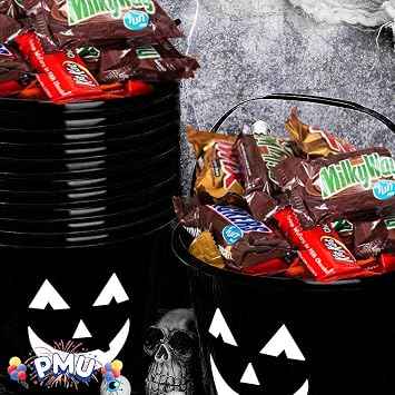 PMU 6 Pcs Halloween Jack-O-Lantern Pail Bucket - Two Sided Design Gift Basket - Pumpkin Plastic Buckets with Handle - Perfect Halloween Decor - 9 Inch Black Pkg/6