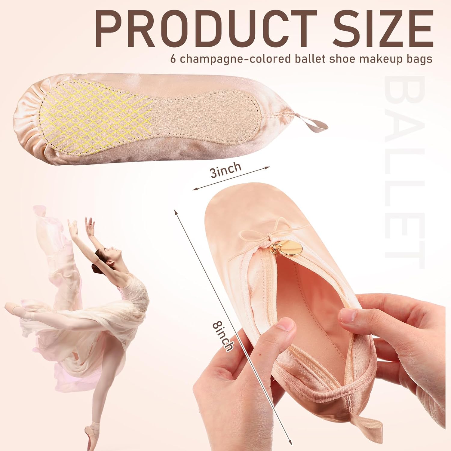 Tallew 6 Pcs Pink Ballet Shoe Makeup Bag Bulk Dance Bags for Dancers Team Gifts Cute Ballerina Cosmetic Toiletry Zipper Pouch for Women Recital Competition Gifts Ballerina Party Favors