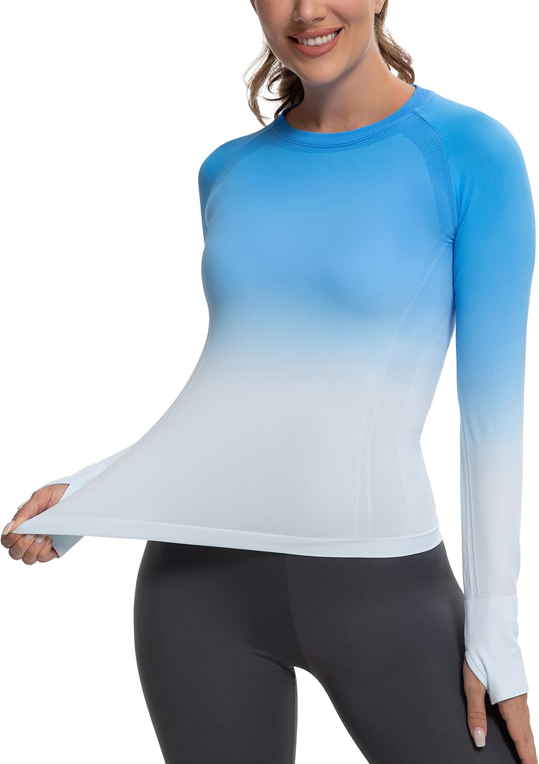 MathCat Long Sleeve Workout Tops for Women, Gradient Running Athletic Shirts, Seamless Breathable Tops with Thumb Holes
