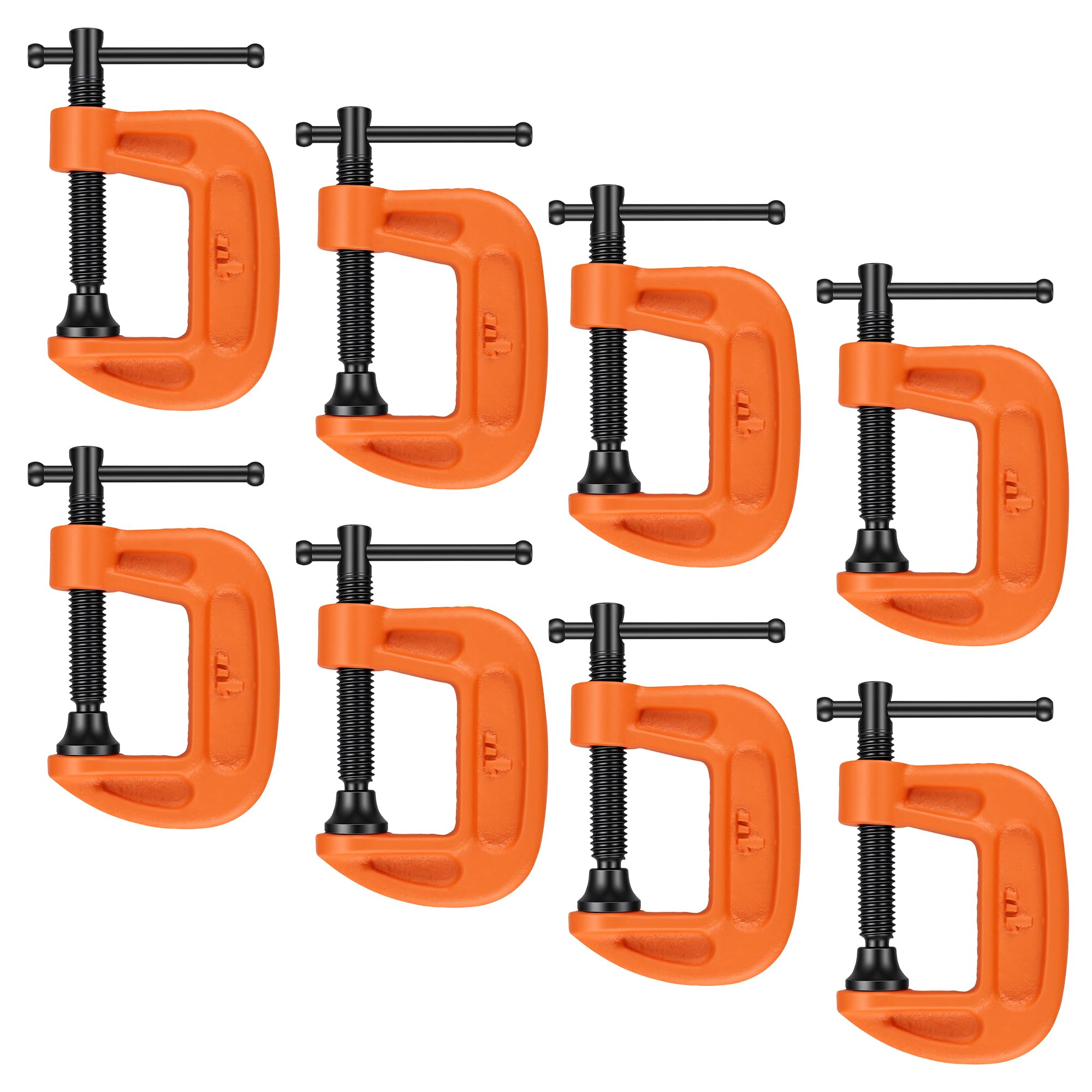 KEILEOHO 8 Pack C Clamp Set, Small Cast Iron G Clamp for Woodworking and Welding, 25mm Jaw Opening, Throat Depth 20mm, Orange