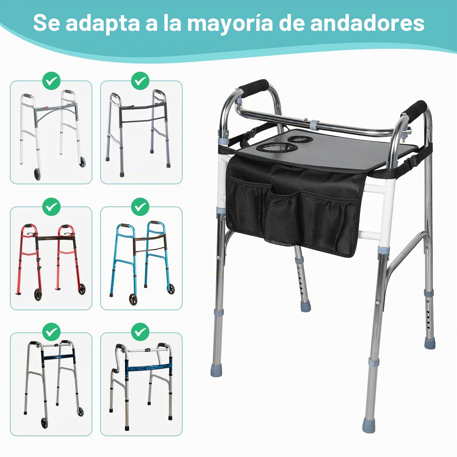 Bandeja para andador plegable, bandejas para personas mayores desmontables con portavasos, bandejas para andadores plegables rodantes, accesorios para ancianos (negro con bolsillos 2.0)