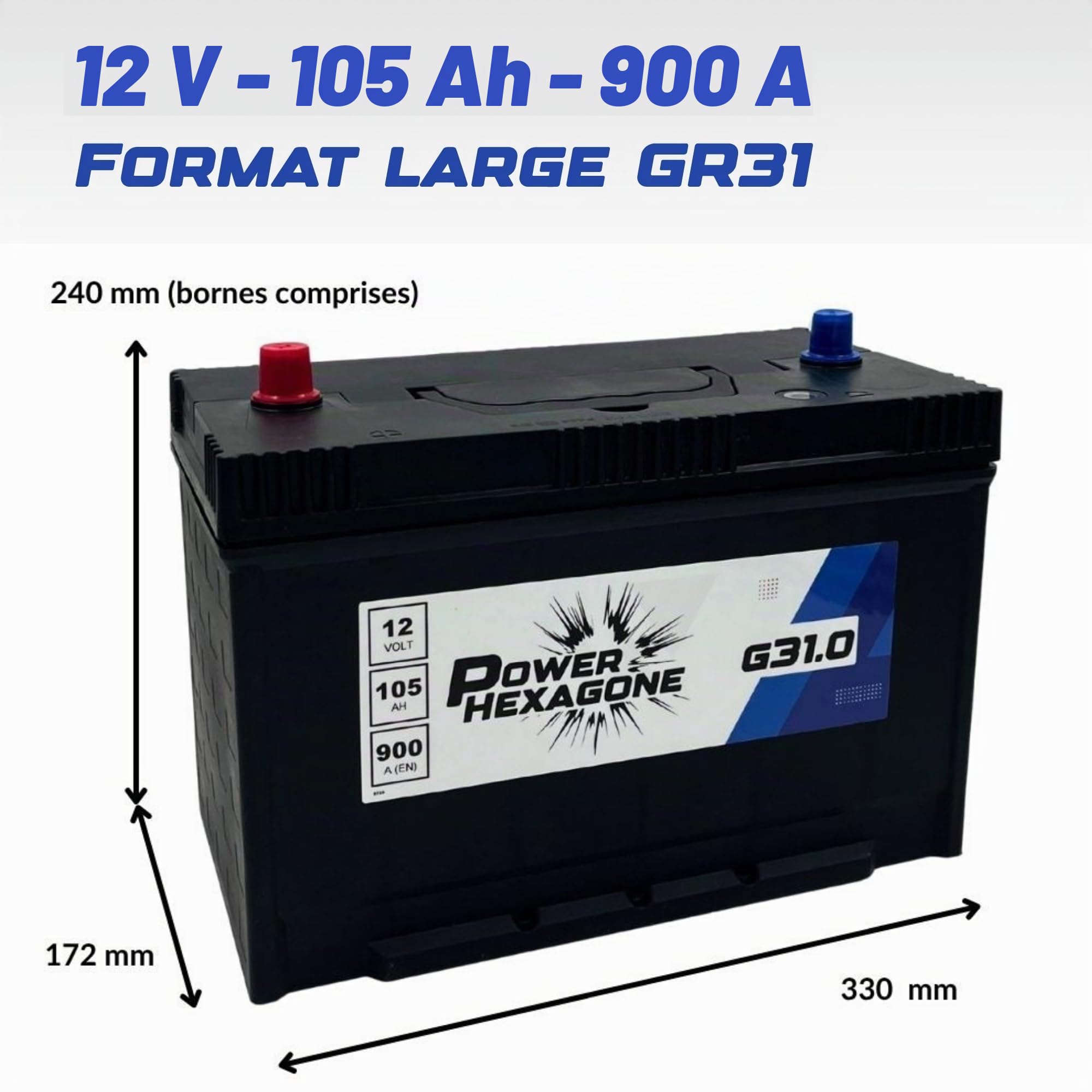Batterie 12V 105Ah GR31 - Démarrage 900A - Batterie Poids Lourd Sans Entretien - Format GR31 pour Camion, Tracteur, Engin de Chantier - Remplacement Origine - Power Hexagone