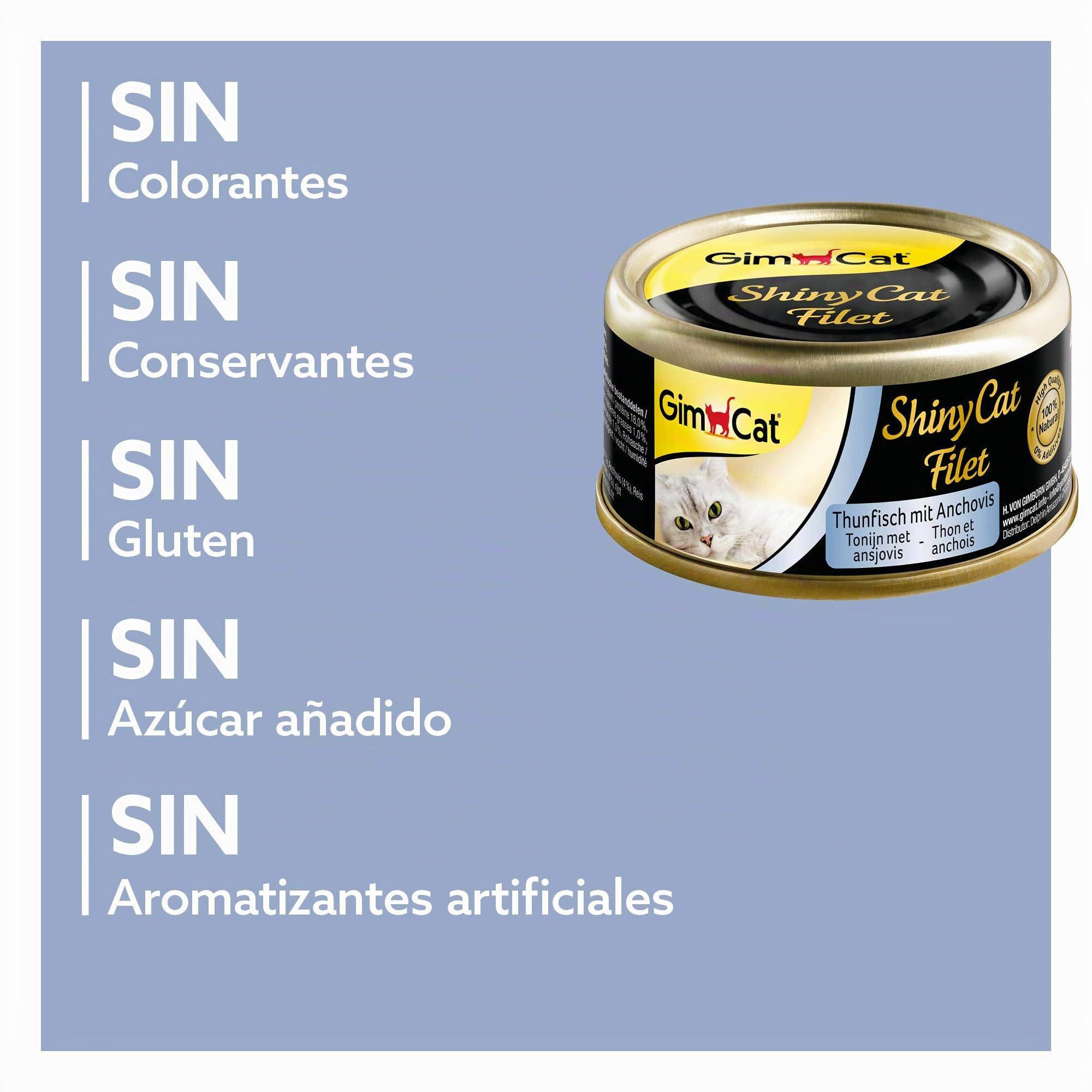 GimCat ShinyCat Filet atún con anchoas - Comida para gatos con jugoso filete y sin azúcar añadido, para gatos adultos - 24 latas (24 x 70 g)