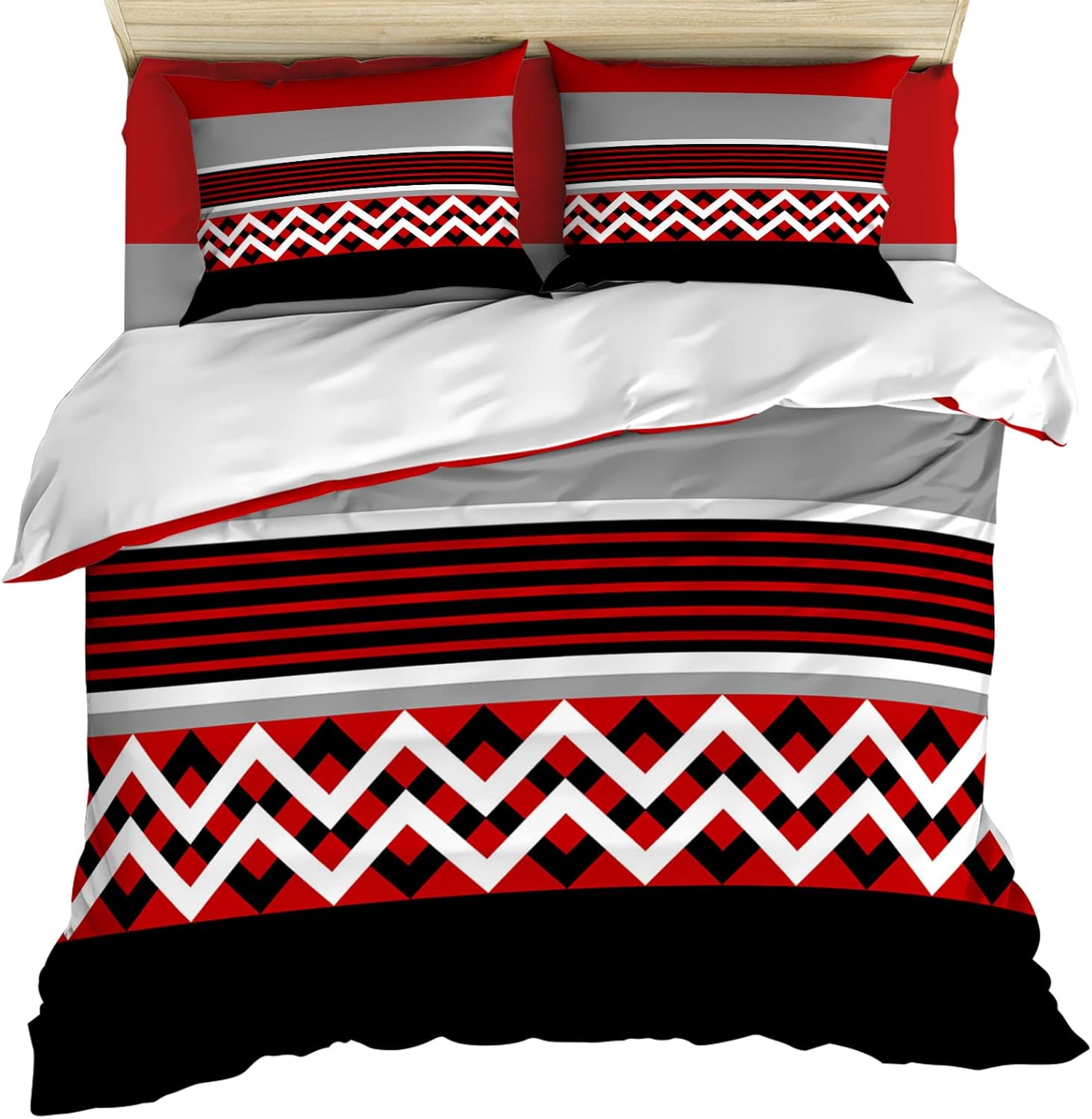 Anzona Red Black Grey Duvet Cover Queen Size 4 Pieces
