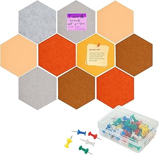 12PCS Pin Board for Bedrooms Hexagon Felt Board Tiles Self Adhesive Wall Decorations Bulletin Cork Board & Notice Board with 50 Push Pins for Home Office Kitchen, Coloured, 15x26x30CM