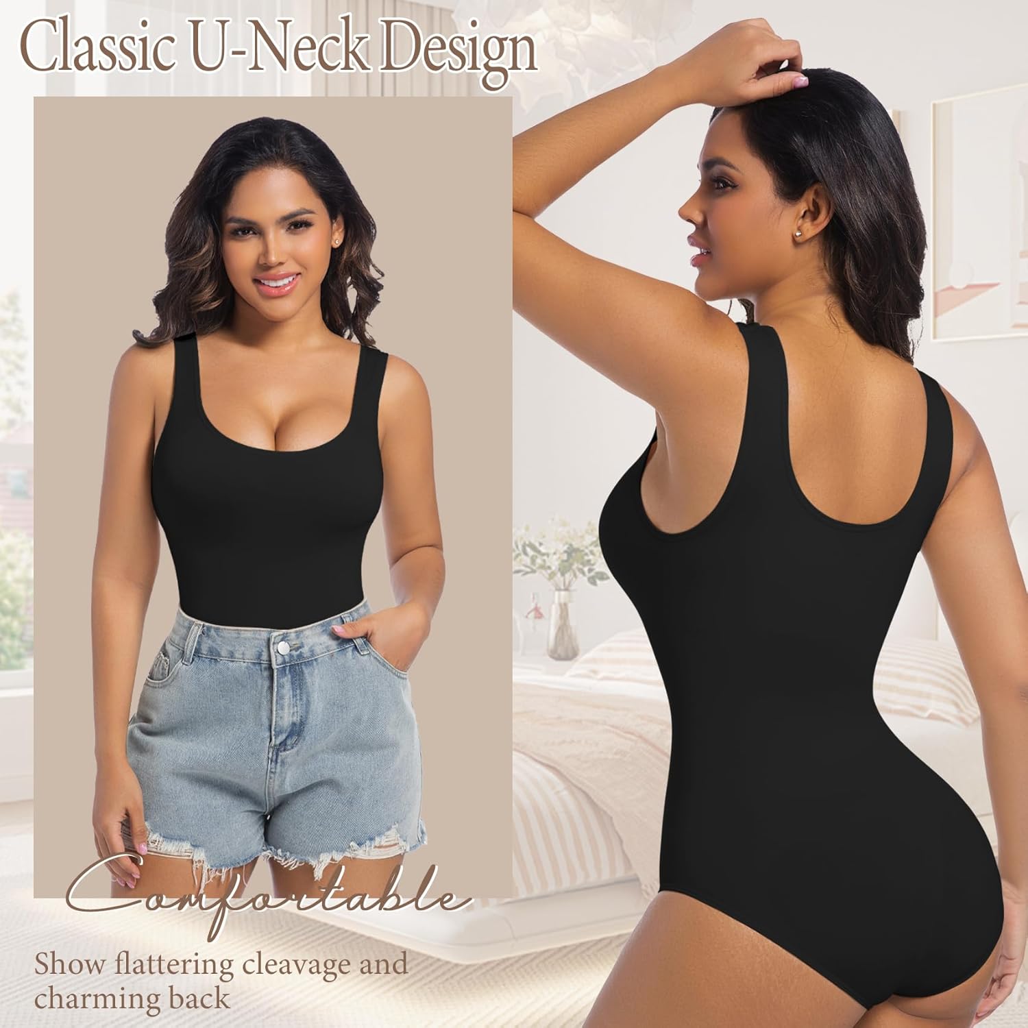 ONEW Shapewear Bodysuits Tummy Control Body Shaper Seamless Waist Trainer for Women Scoop Neck Going out Tops - Image 2