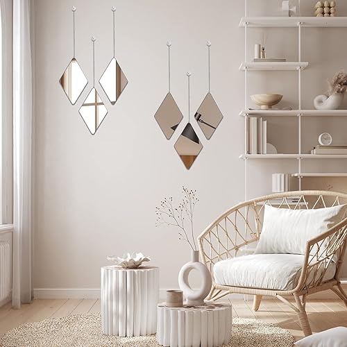 Miniatura 2 de Juego de 6 espejos de decoración de pared con 2 destornilladores, espejo de pared colgante de diamante con cadena y marco plateado, espejo de cadena