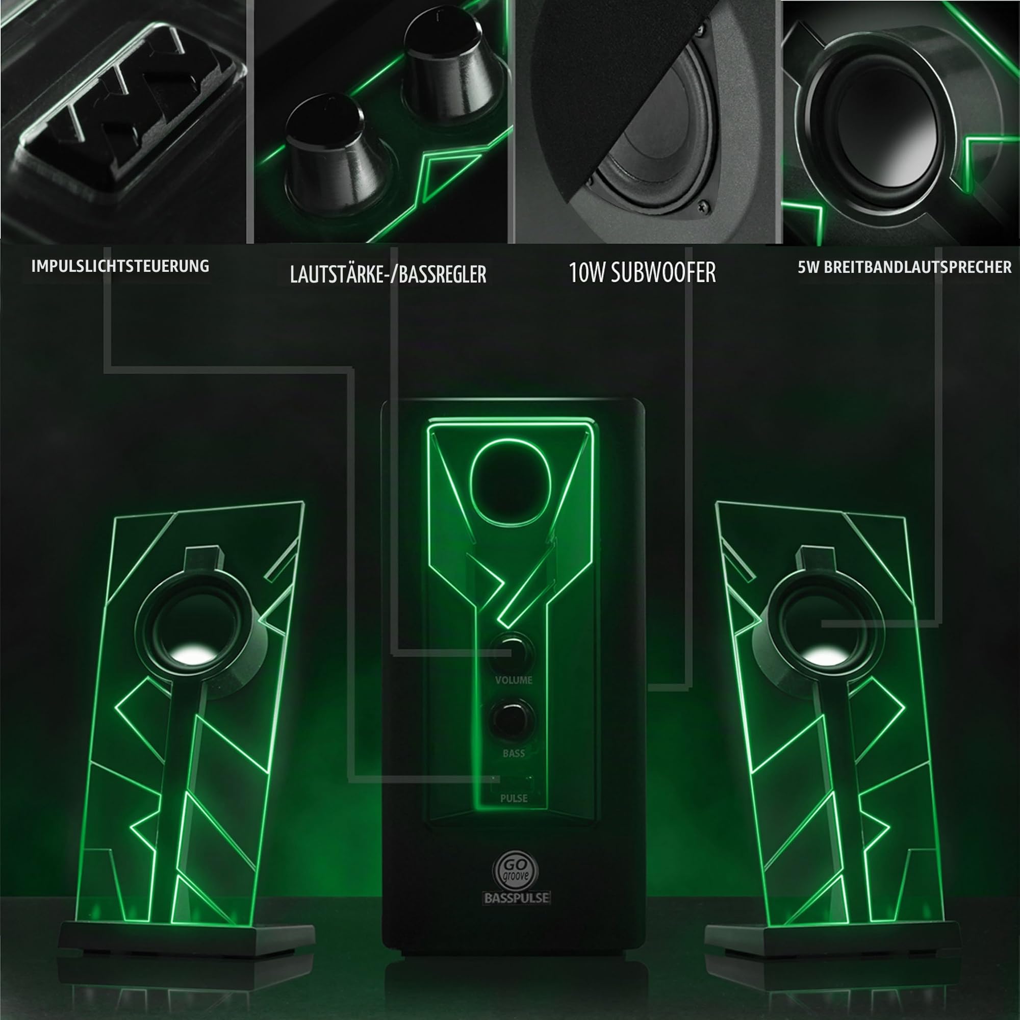 GOgroove 2.1 Soundsystem Computer Lautsprecher PC mit LED Effekt Desktop PC Lautsprecher 2.1 Anlage mit Subwoofer und blauen LED Highlights, Perfekt Geeignet für Stereo Gaming an Ihrem Computer - Grün