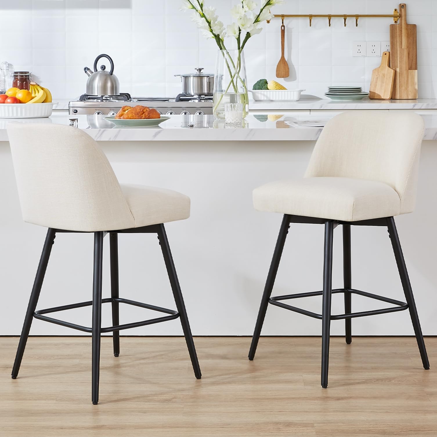 360°Swivel Counter Height Bar Stools Set of 2,Upholstered Morden Kitchen Barstools with High Backs,26" H Seat Height,Metal Legs (Fabric - Beige, 2 Pieces - 26" Counter Height)