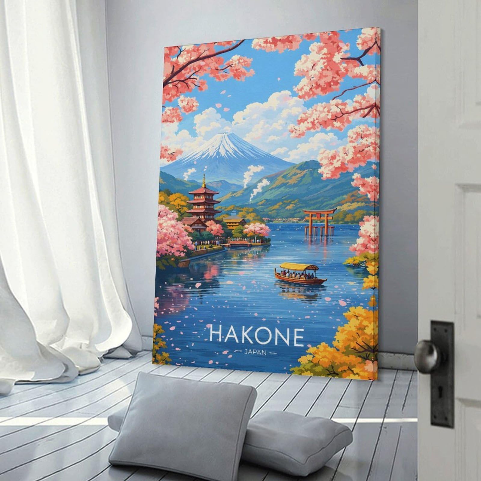 Junmoney Frame-Style Hakone Japan Cherry Blossoms And Mt. Fuji Hanging Wall Art, 20X30inch(50X75cm), For Lounge, Bedroom Or Personal Spaces, Gift Idea For Housewarming And Birthdays