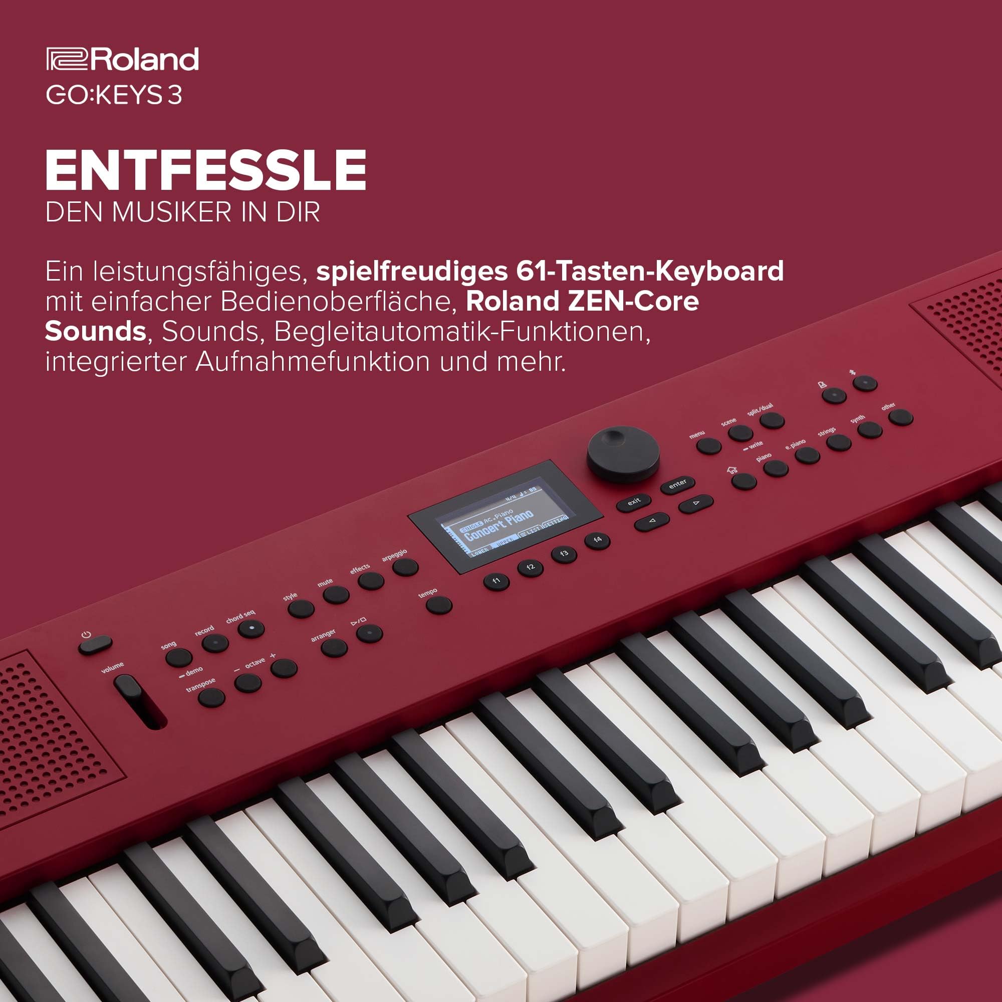 Roland GO:KEYS 3 Music Creation Keyboard | 61 Tasten | ZEN-Core Engine mit über 1000 internen Sounds | Integrierte Stereolautsprecher | Bluetooth Audio/MIDI für Musikstreaming - Dark Red