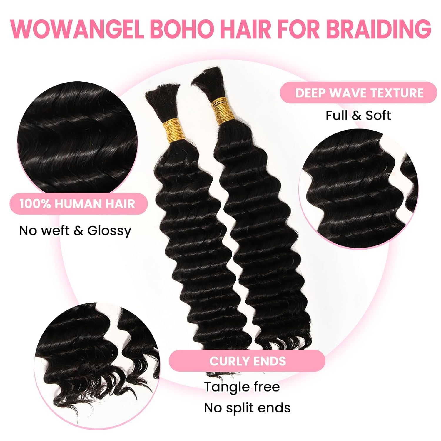 WOWANGEL Human Braiding Hair For Boho Braids 100g,100% Unprocessed Brazilian Virgin Hair, 12A Deep Wave Knotless Bohemian Bundles, Curly Hair Extensions,2 Bundles,Natural Black(1B),20 Inch