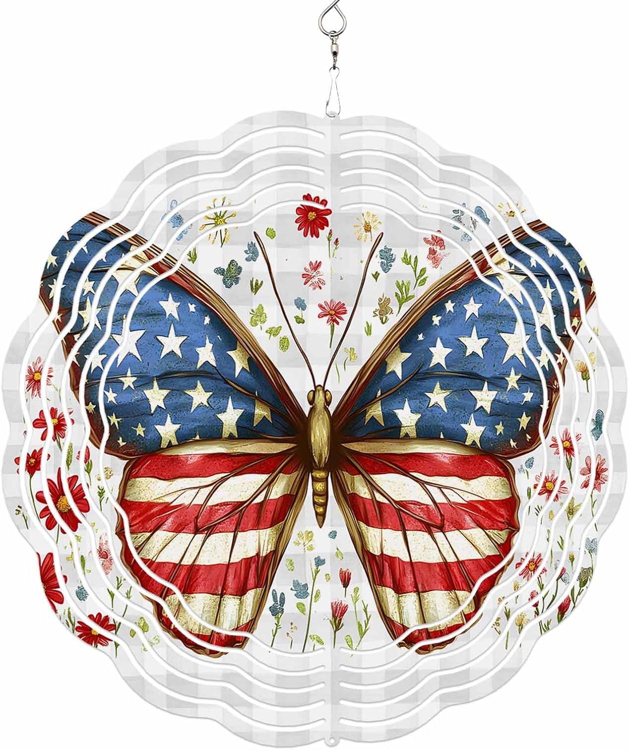 Retro American Flag Butterfly Wind Spinner for Garden Yard 3D Stainless Steel Hanging Wind Spinners, Independence Day Grey Plaid Flower Spinners Outdoor Metal Decor for Lawn Patio Home