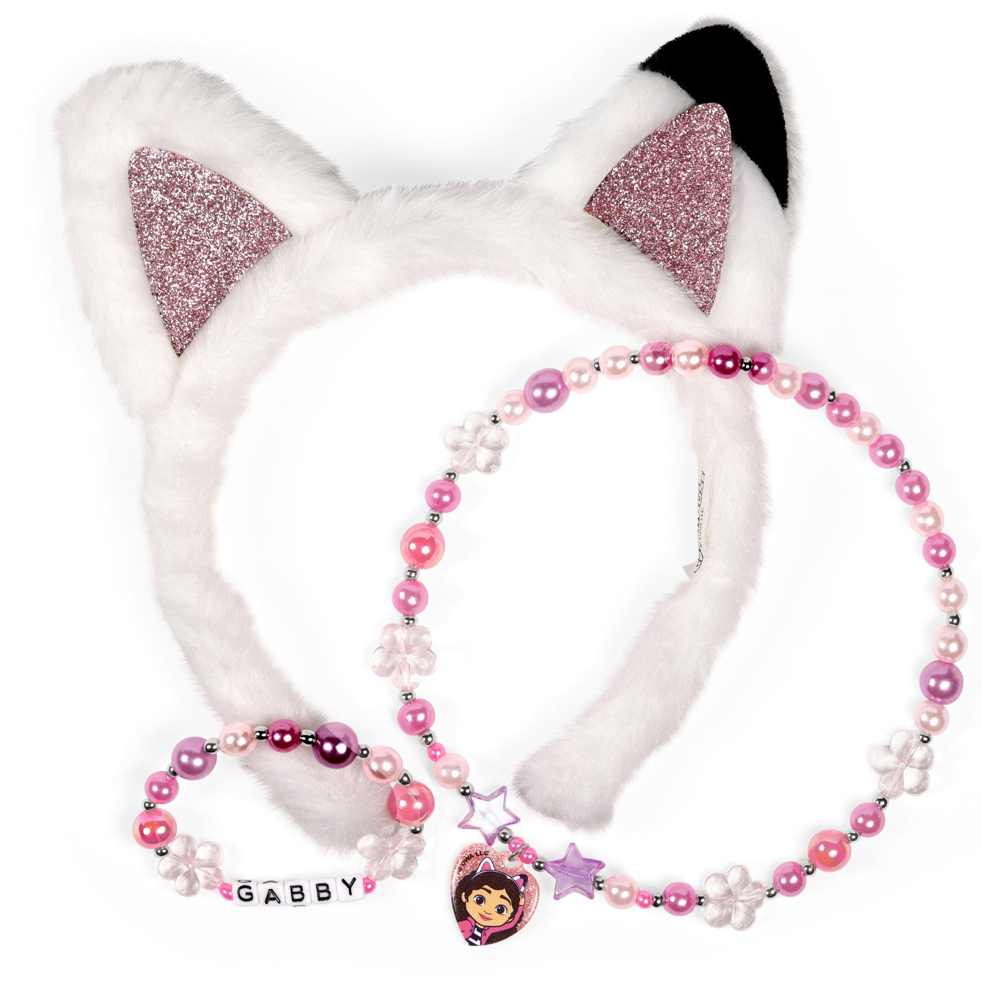 Gabby’s Dollhouse 3 Piece Ear Headband, Beaded Necklace and Bracelet Dress up Set for Kids