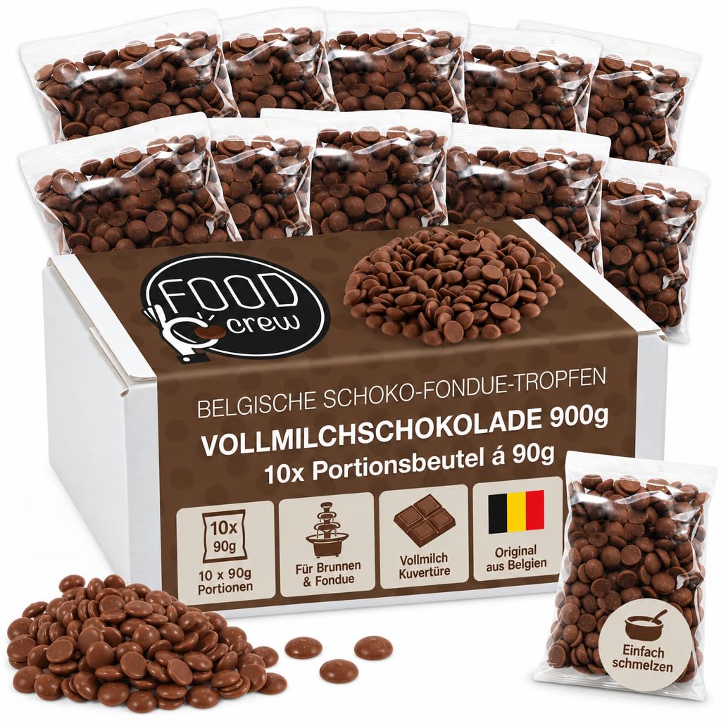 FOOD crew 900 g Vollmilch Schokolade für Fondue & Schokobrunnen - Belgische Kuvertüre Drops zum Schmelzen für Schokoladenbrunnen, Backen & Silvester - 10 Portionsbeutel à 90 g