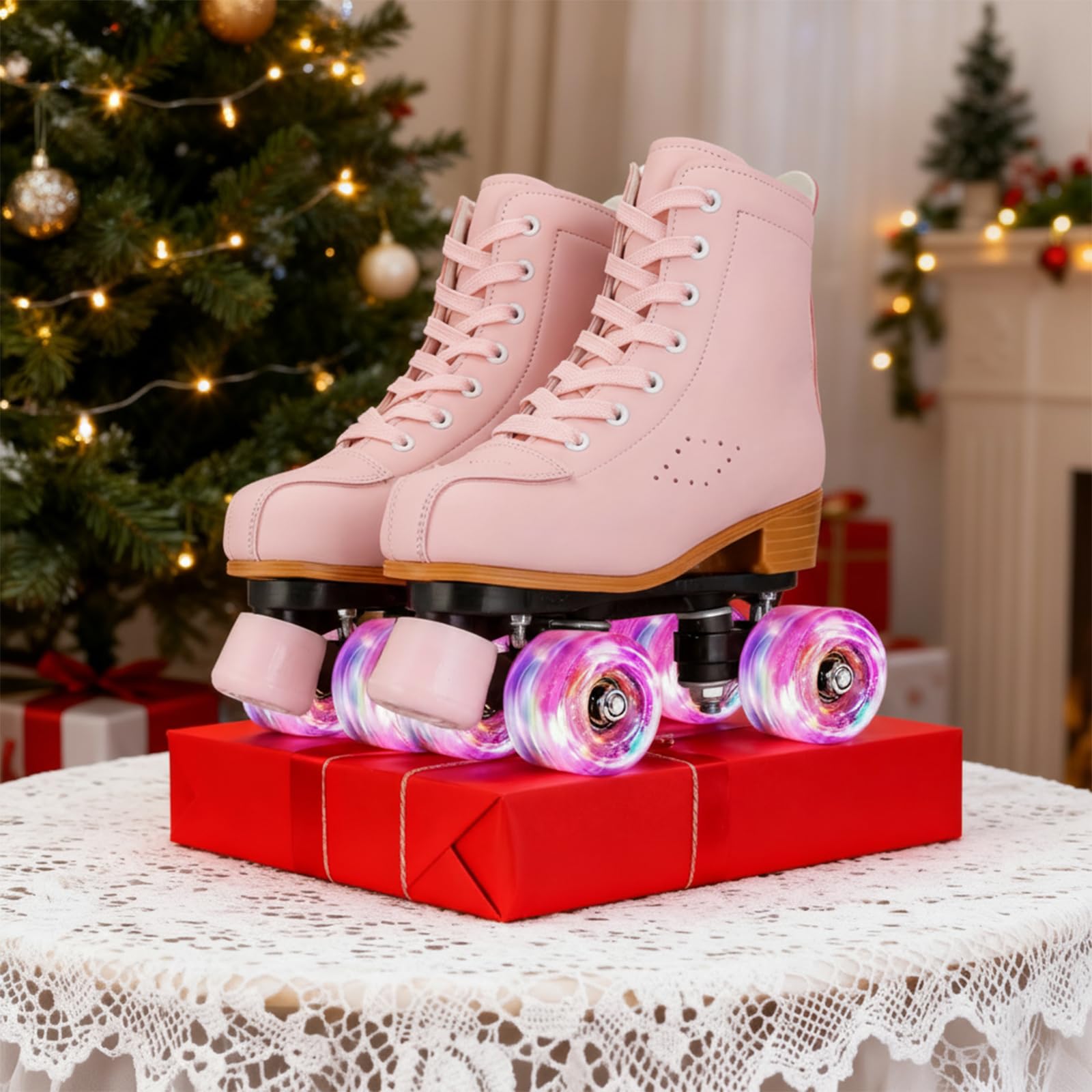 Gets Patins à roulettes lumineux en cuir synthétique pour femme - Double rangée de 4 roues - Patins brillants pour adolescents et adultes