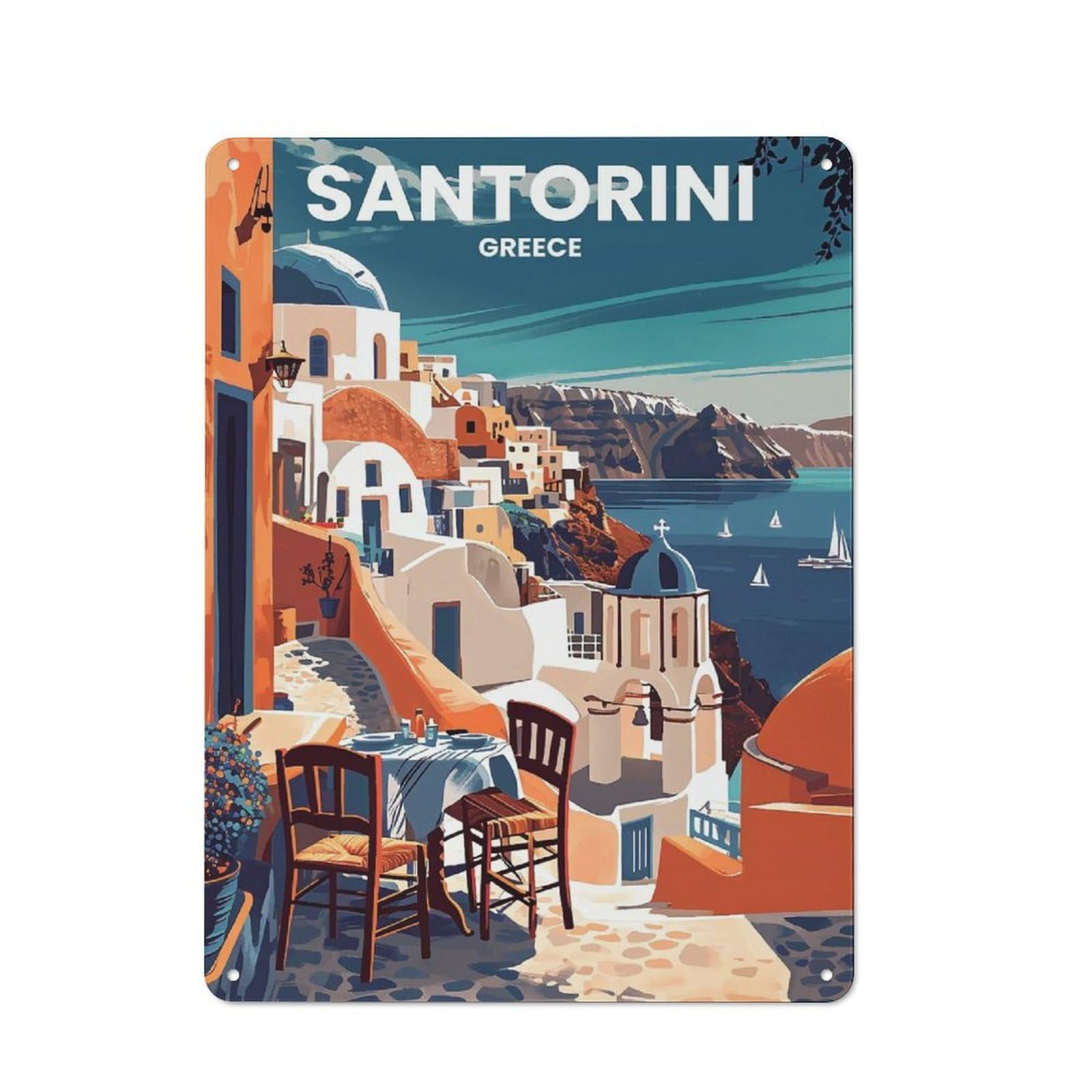 Junmoney Santorini Greece Metal Wall Art Sign With Design 40X30cm, Modern Retro Urban Room Decor For Workspace, Cafe, Hallway Or Garage