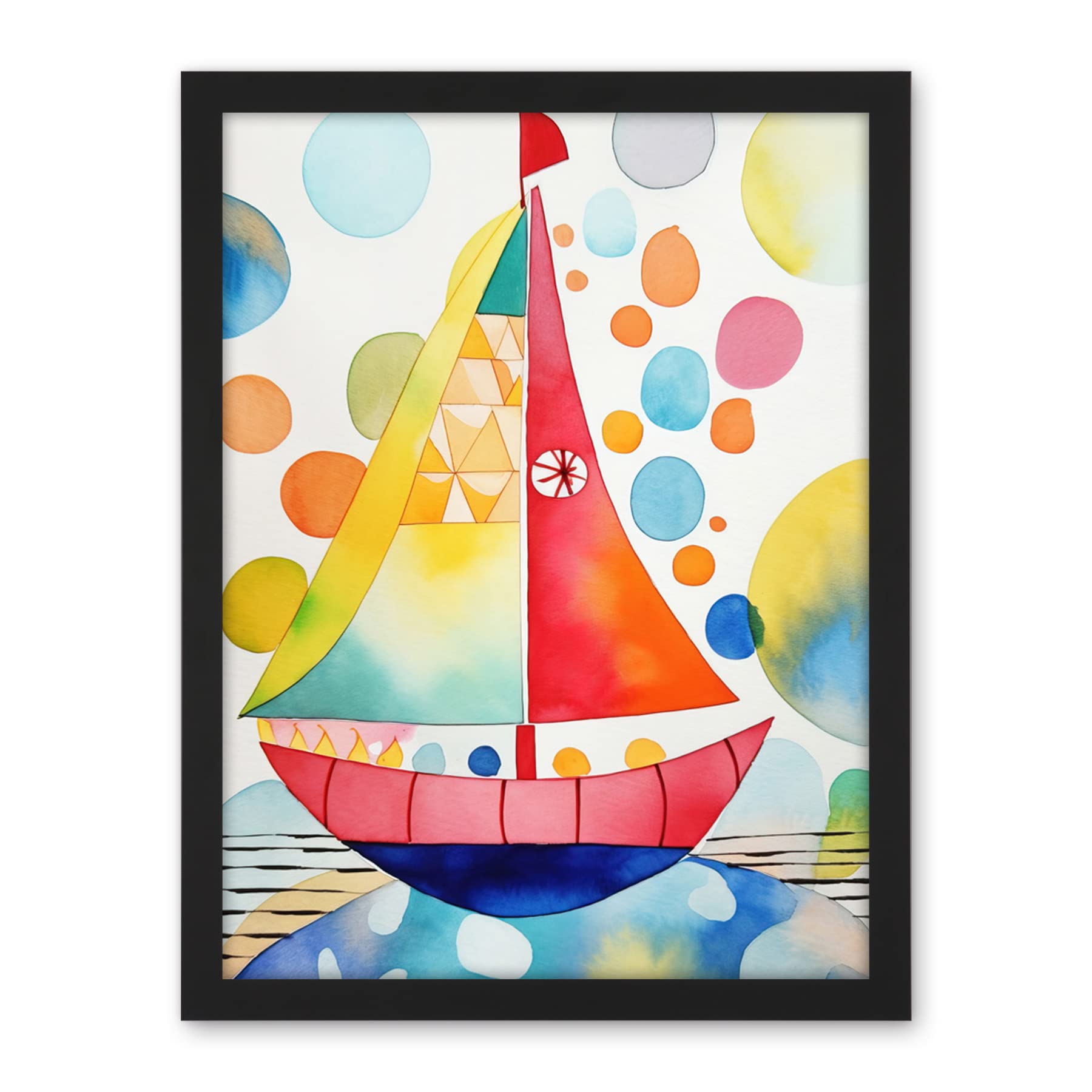 Artery8 Sailboat At Sunset Folk Art Artwork Framed Wall Art Print 18X24 Inch