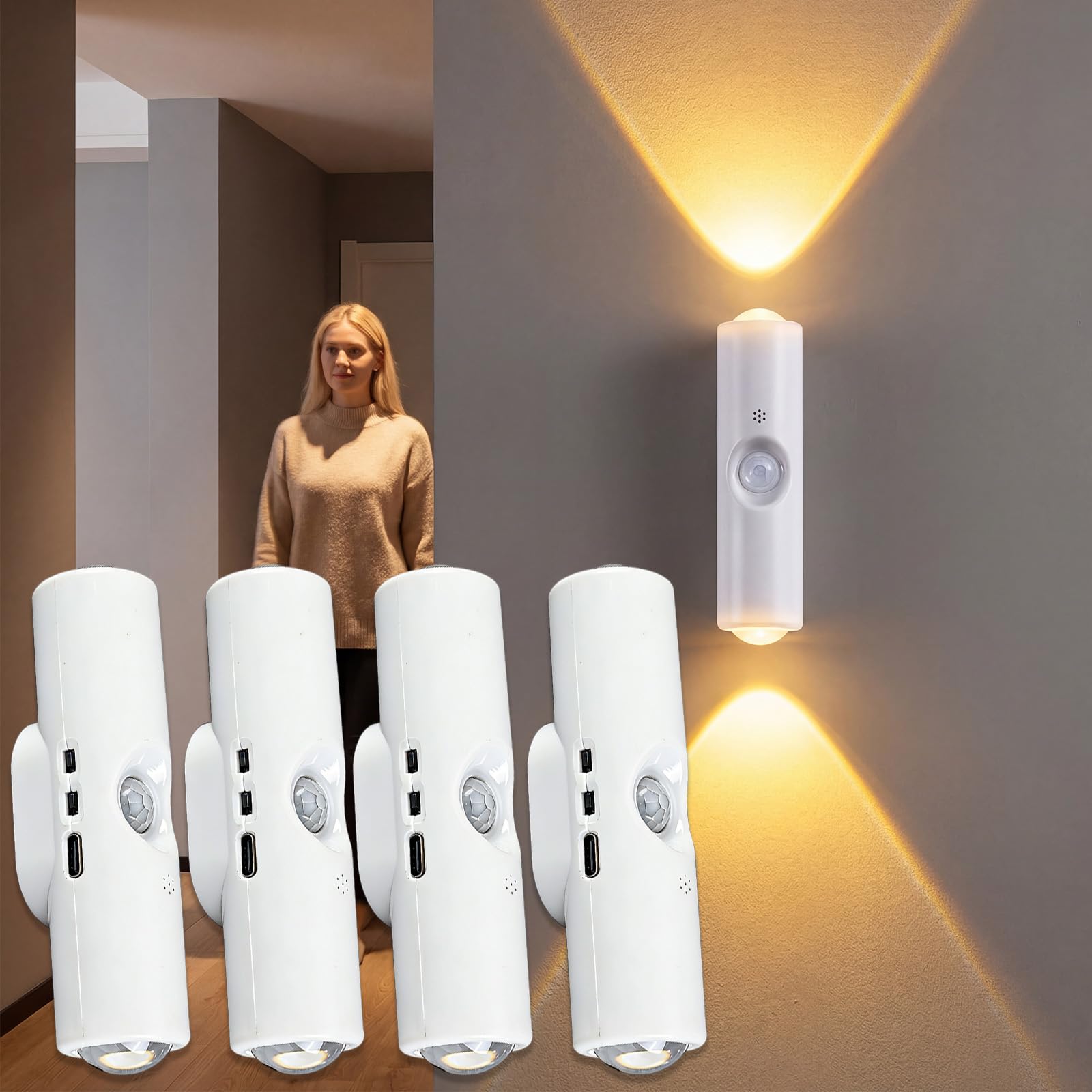 2026 New Rechargeable Smart LED Motion Sensor Ambient Light, 7 Colors Wireless Magnetic Wall Sconces, Stick on Night Light for Stairs, Hallway, Bedroom, Cabinet, Motion Sensor Light Indoor (4PCS)