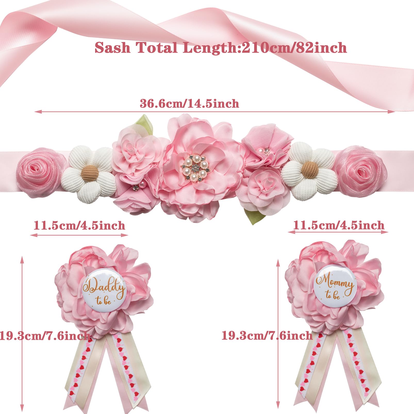 Afkengung Pink Maternity Sash Set Daddy and Mommy to be Corsage Pin Flowers Baby Shower Souvenir Sash Supplies Gender Reveal Decorations Pregnancy Photography Props?Pink?