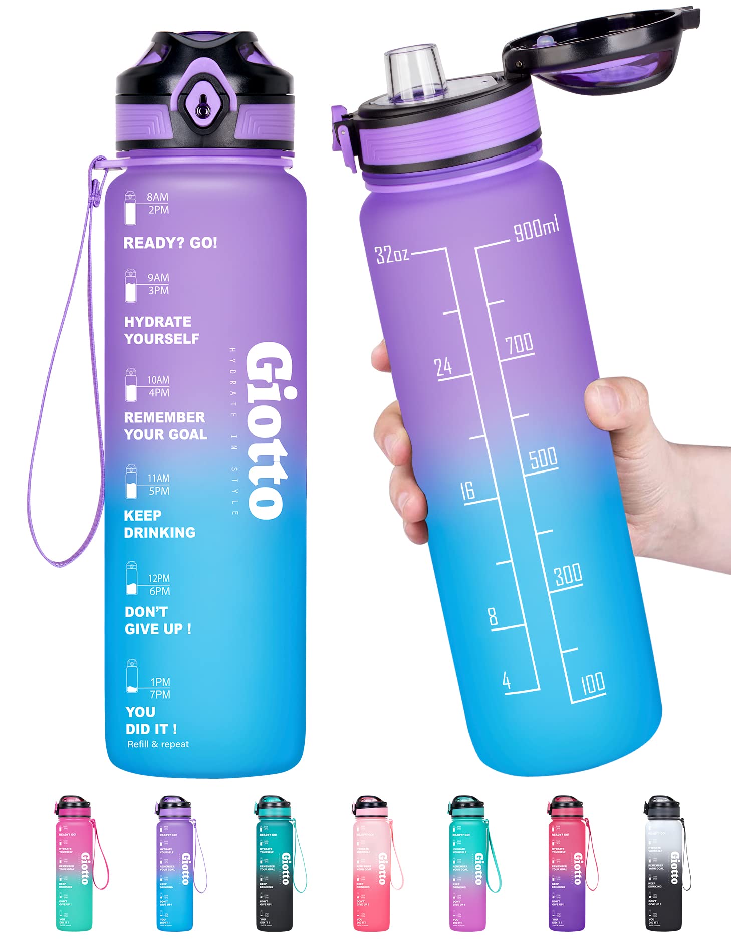 Giotto 32oz Motivational Water Bottle with Time Marker & Removable Strainer, Leakproof Fast Flow BPA Free Water Jug to Remind You Drink More Water and Hydrate in Style