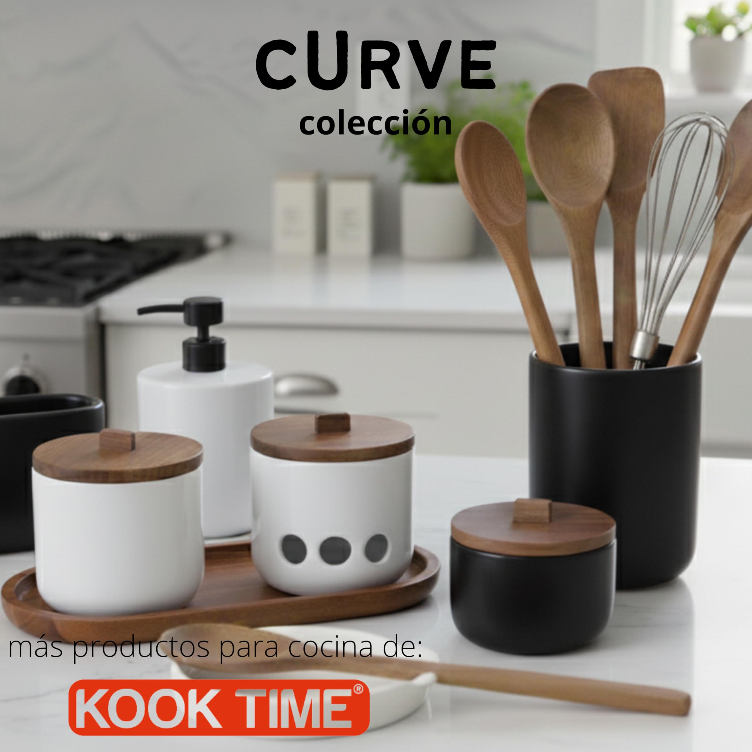KOOK TIME Azucarero de Cerámica CURVE con Cuchara - Tarro Pequeño con Tapa de Madera de Acacia. Recipiente para Azúcar, Sal, Especias o Queso Rallado. 10.5 x 9 cm. - Negro mate — view 7