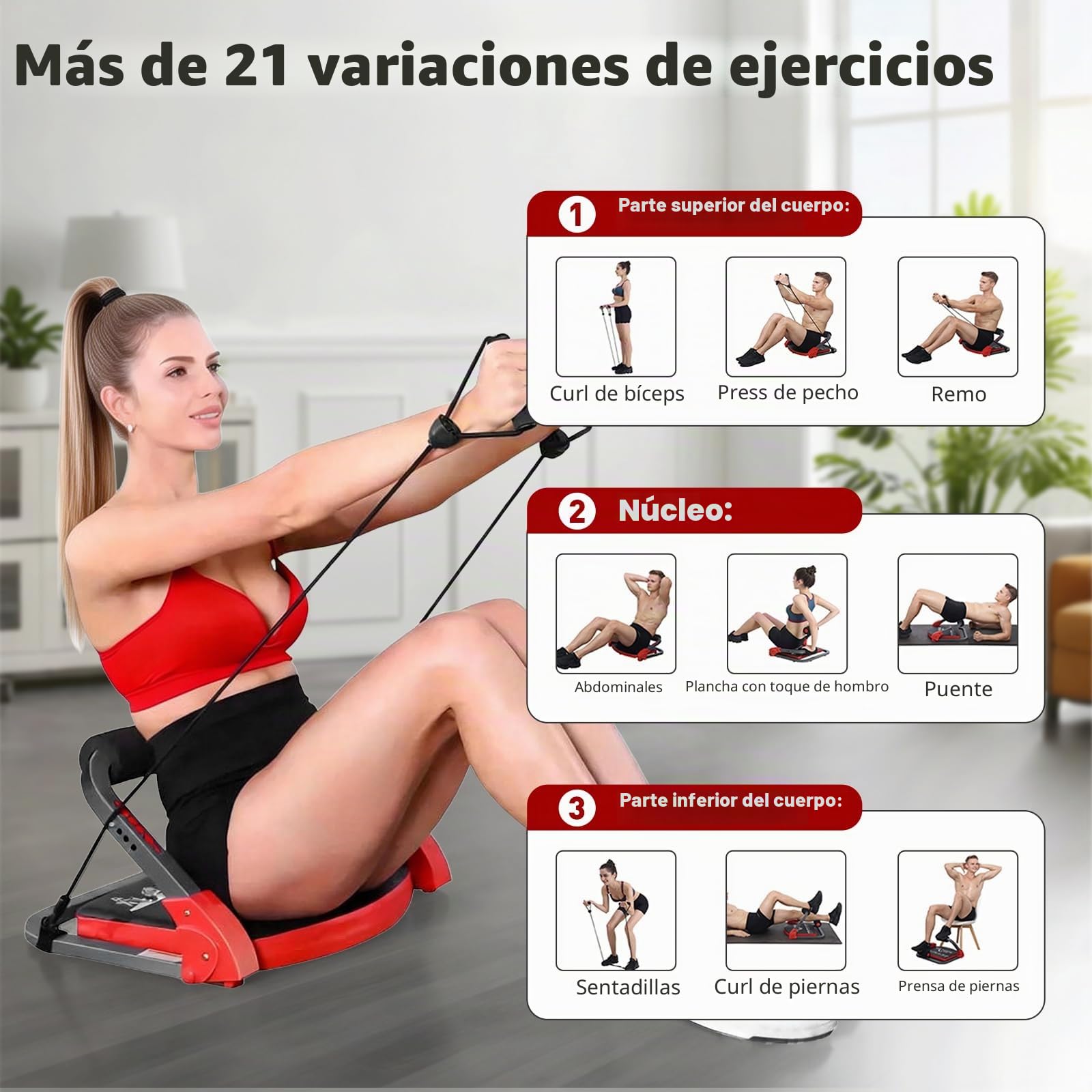 Máquina Abdominales en casa, Banco Abdominales Plegable, Máquina Multifuncional 21 en 1 para Gimnasio en Casa, con Cuerdas de Resistencia, Guantes, para Hogar, Oficina, para Piernas, Brazos y Core