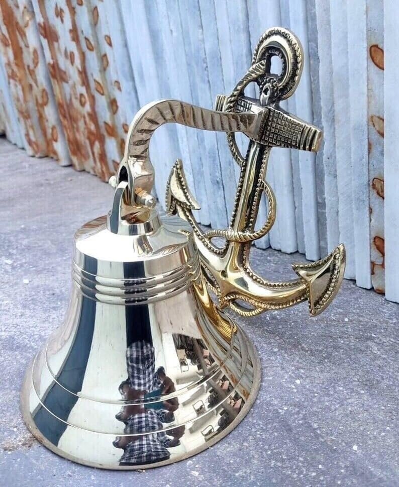 Nautical Brass Bell Wall Hanging Ship Bell 10" Brass Anchor Boat Decor