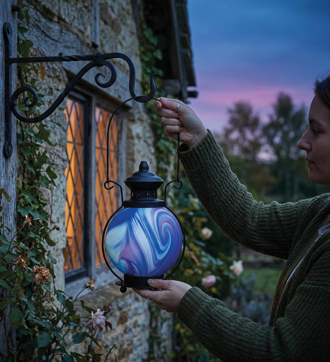 Regal Art & Gift Decorative LED Lantern for Home Décor | Metal and Glass Indoor Accent Light | Swirl Design Table Lantern for Living Room, Bedroom Ambient Lighting - Purple