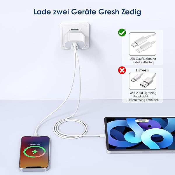 Caricatore per iPhone Certificato Apple MFi, 20W 2-Porto USB A & USB C Rapido Caricabatterie per iPhone 14/14 Pro/14 Pro Max/14 Plus/13/12/11/XS/XR/X/SE/8/7, Alimentatore con Cavo Lightning da 2m - 2