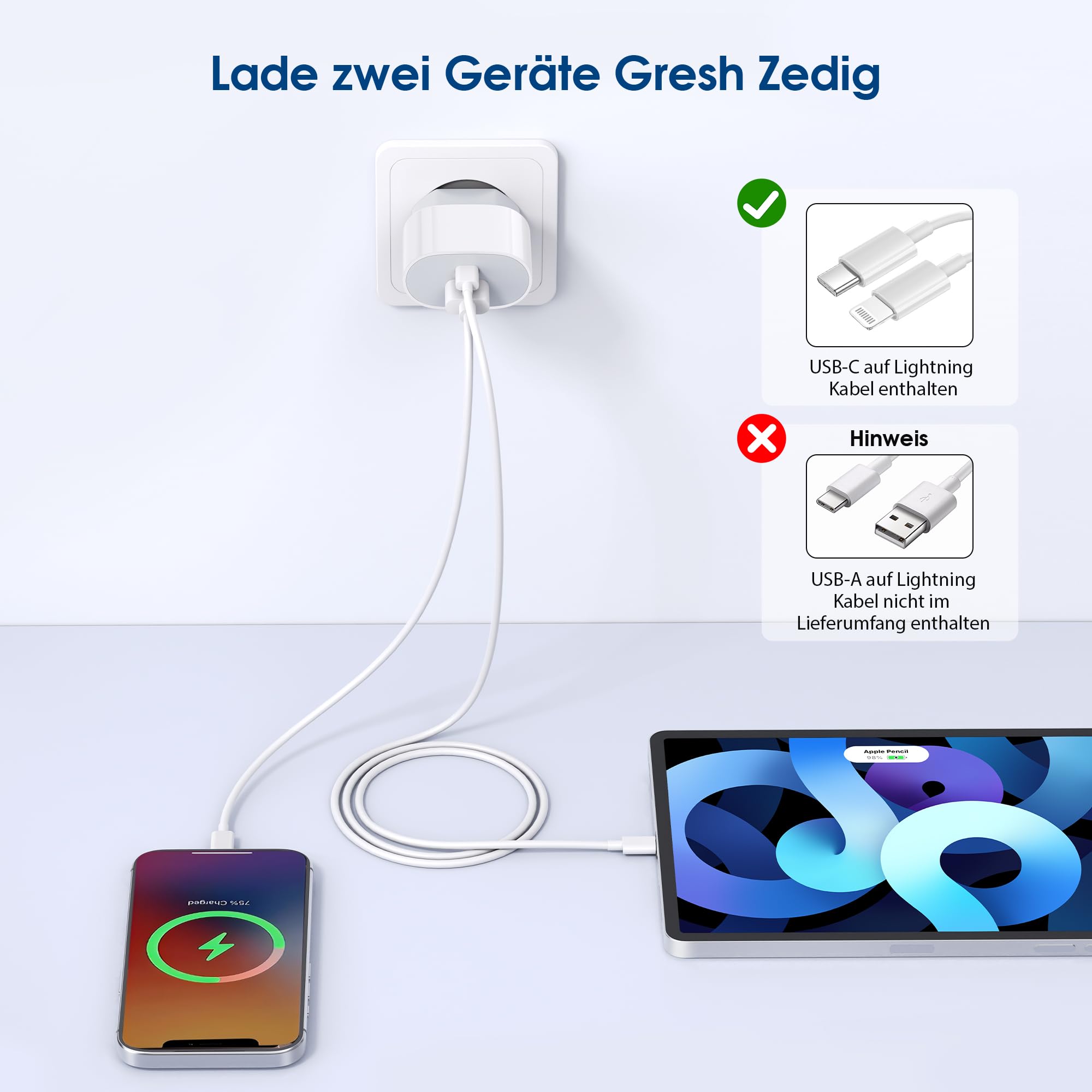 Caricatore per iPhone Certificato Apple MFi, 20W 2-Porto USB A & USB C Rapido Caricabatterie per iPhone 14/14 Pro/14 Pro Max/14 Plus/13/12/11/XS/XR/X/SE/8/7, Alimentatore con Cavo Lightning da 2m - 3