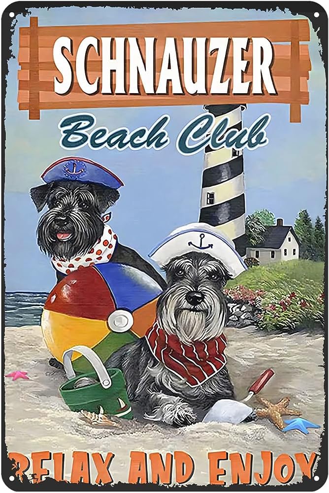 Yunking 79Am Retro Metal Sign Miniature Schnauzer Beach Relax And Enjoy Rustic Decor Vintage Tin Sign Home Kitchen Bar Cafe Club Cave Wall Decor Dog Tin Sign 12X8 Inch