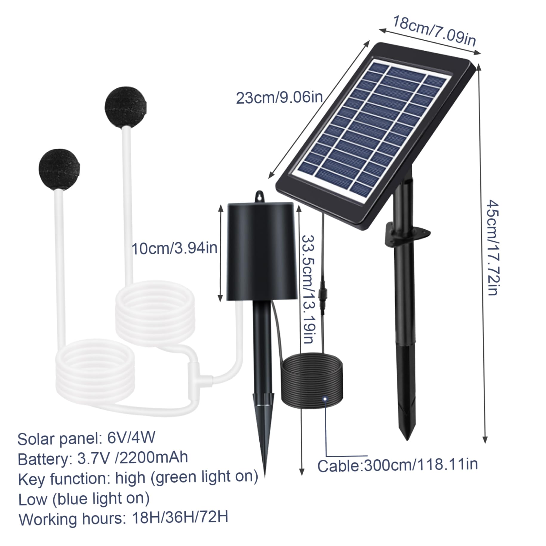 Aireador solar para estanque,aireador de bomba de aire para estanque de 4 W al aire libre con piedras de burbujas de aire de tubería,bomba de agua solar ajustable de 3 modos para pecera,jardín,estanqu