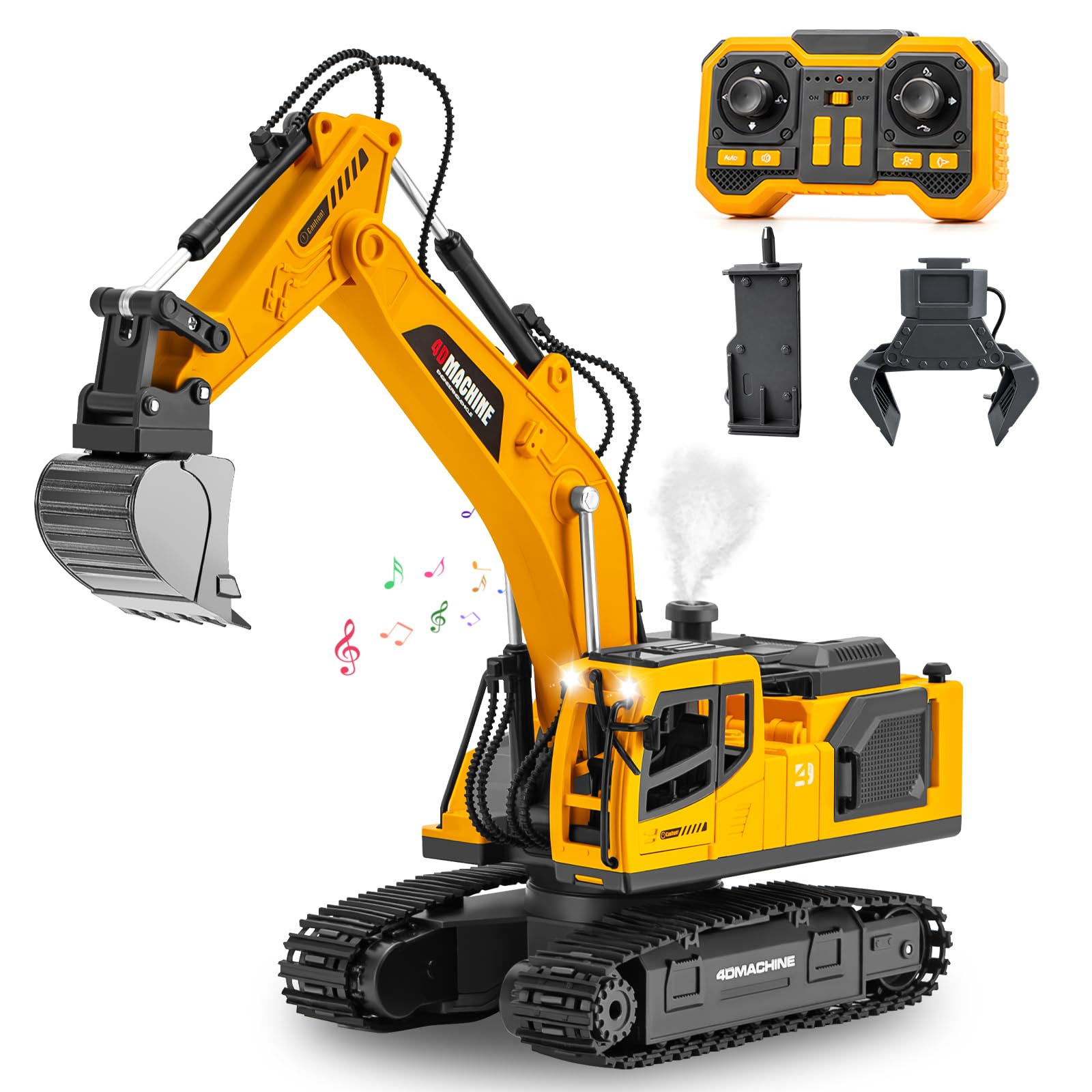MOONTOY Escavatore Radiocomandato 3‑in‑1, 2,4 GHz RC 1:18 14 Canali, Benna Metallica, Pinza & Martello Demolitore, Luci, Suoni, Vapore, Rotazione 720°, Giocattolo Regalo Bambino 6 7 8 9 10 Anni
